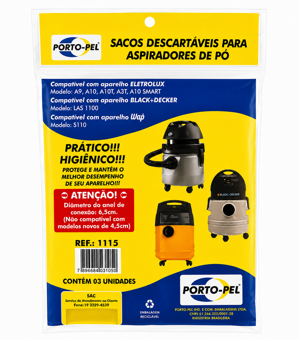 Saco Aspirador De Pó Electrolux 3 Unidades Diâmetro 6,5 Cm Porto-Pel